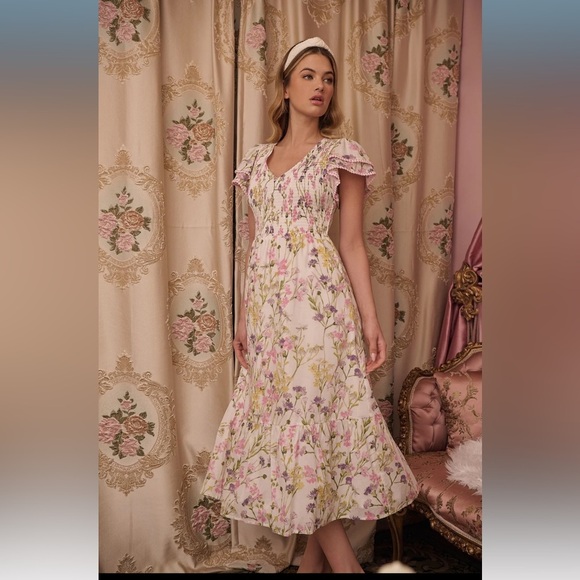 SugarLips Lita Floral Patte Tiered Midi Dress White Multi - Picture 1 of 7